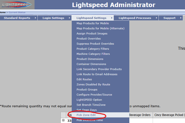 Lightspeed Admin - Lightspeed Settings dropdown - Pick Zone Edit