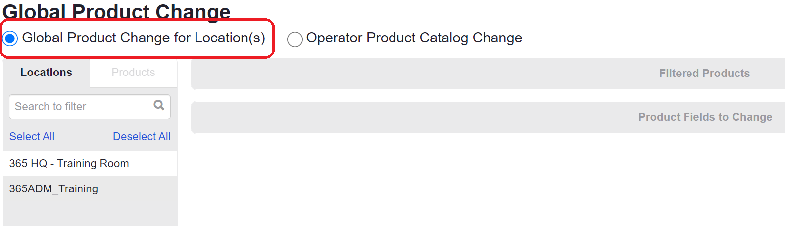 ADM - Global Product Change - Global Product Change for Locations Selected