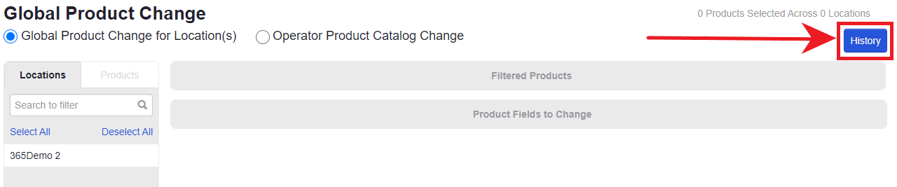 ADM - Global Product Change - History button highlighted
