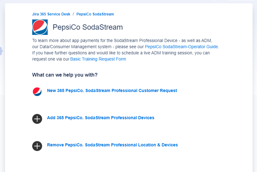 A screenshot of the PepsiCo request form, showing the options to create a new location, add devices to an existing location, or remove devices from an existing location.
