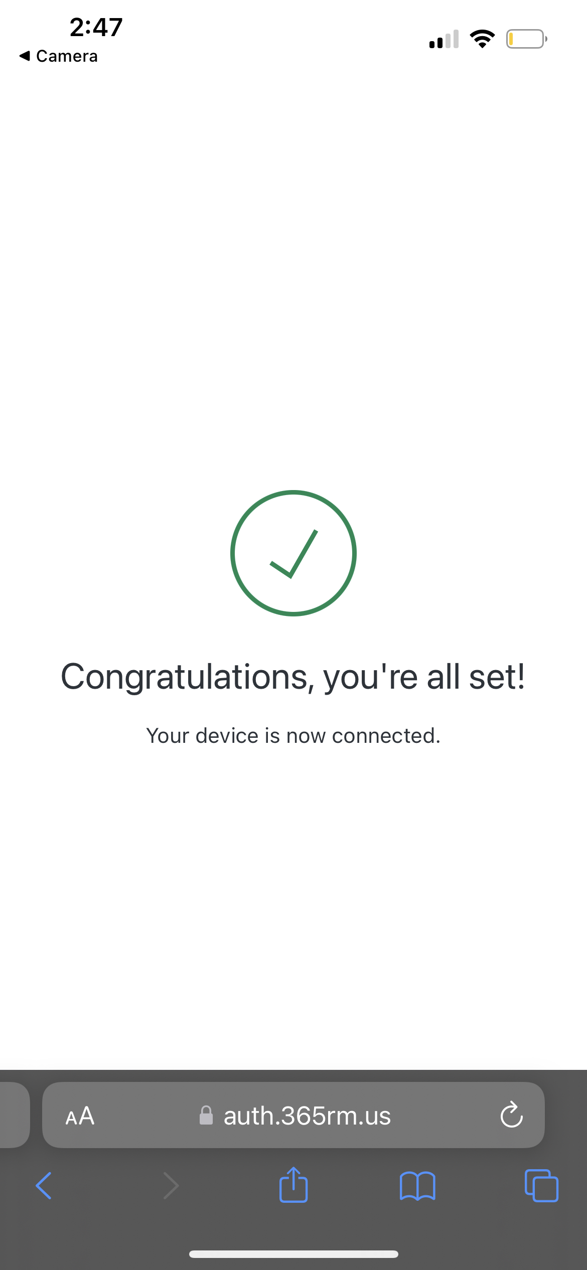 A screen displaying a green checkmark, with the text 'Congratulations, you're all set! Your device is now connected.'